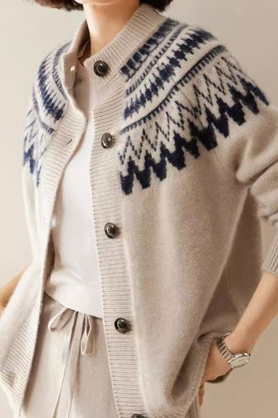 Fair Isle Color Block Geometric Crew Neck Retro Knit Cardigan