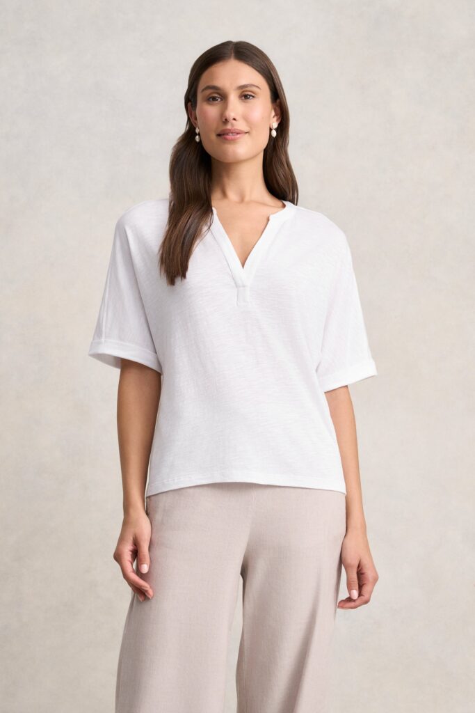 Notch Neck Half Sleeve T-Shirt - White