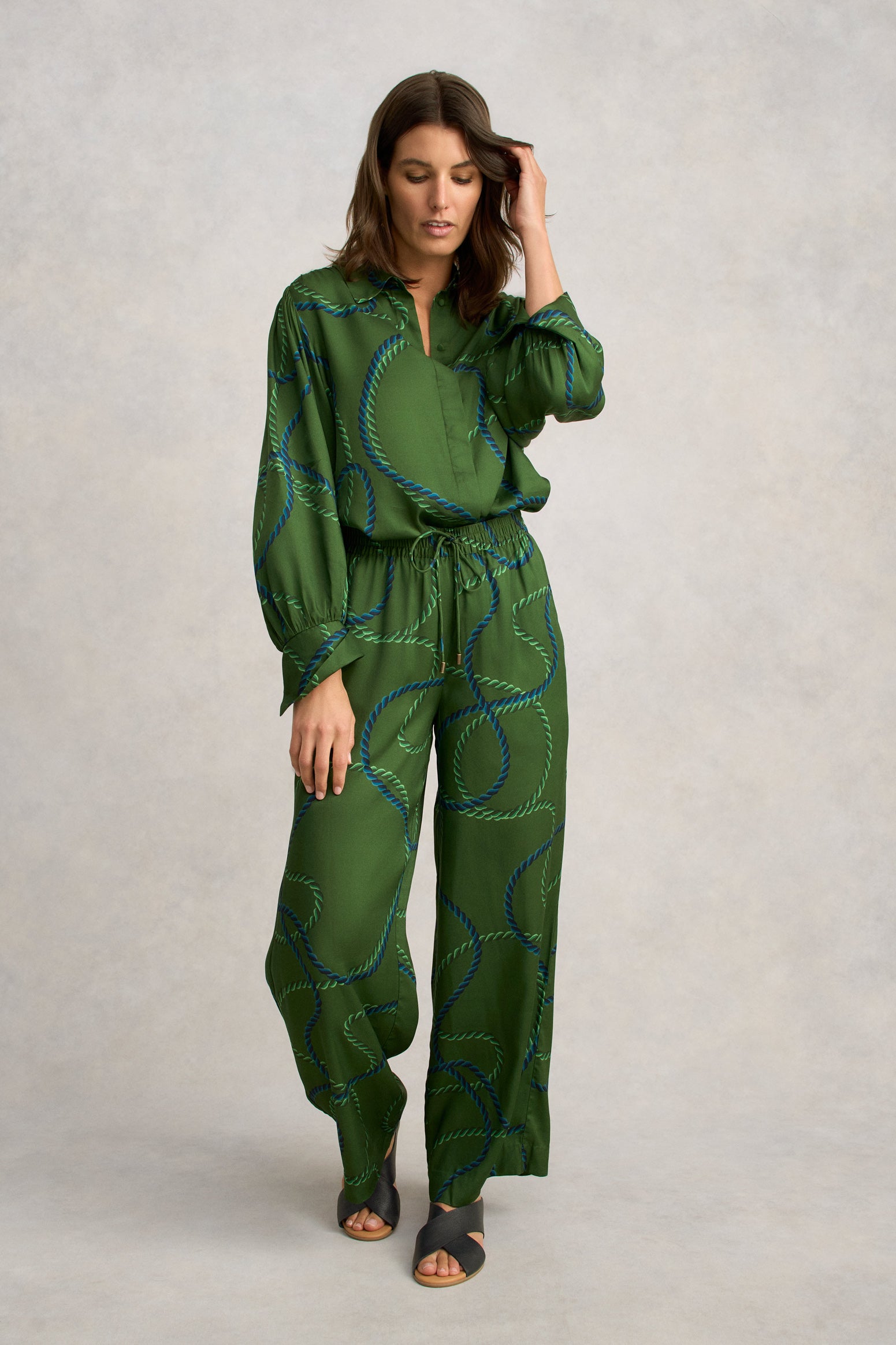 Blouson Sleeve Printed Shirt - Rope Print