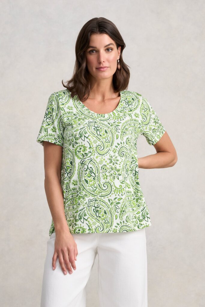Organic Cotton Slub T-Shirt - Green Paisley Print