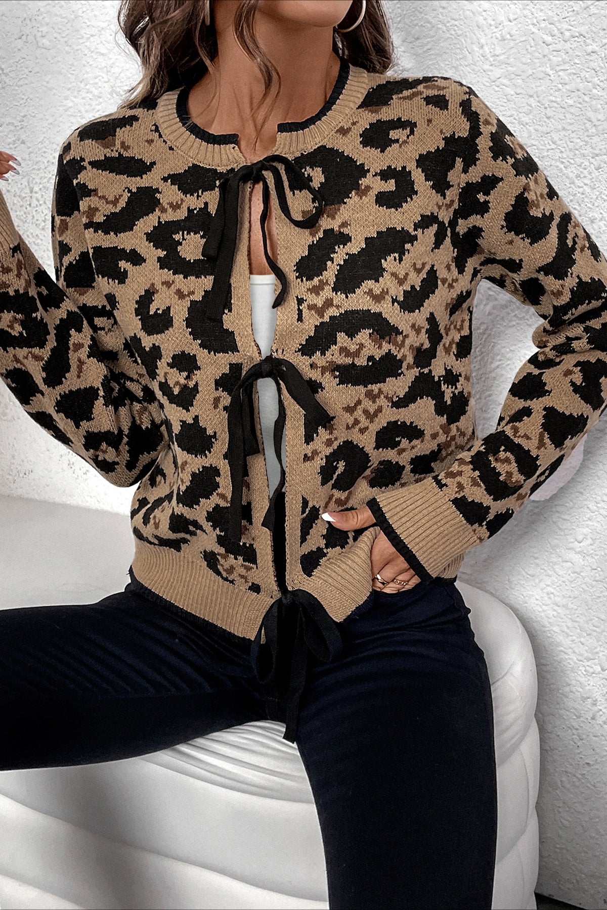 Knitted Leopard Ribbon Tie Cardigan