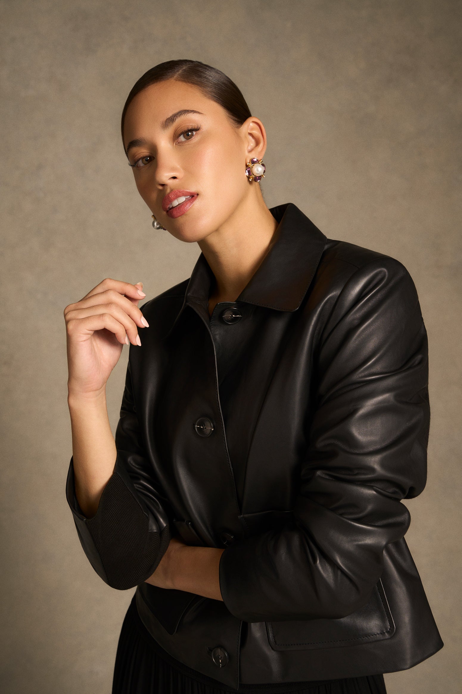 Buttoned Leather Jacket - Black