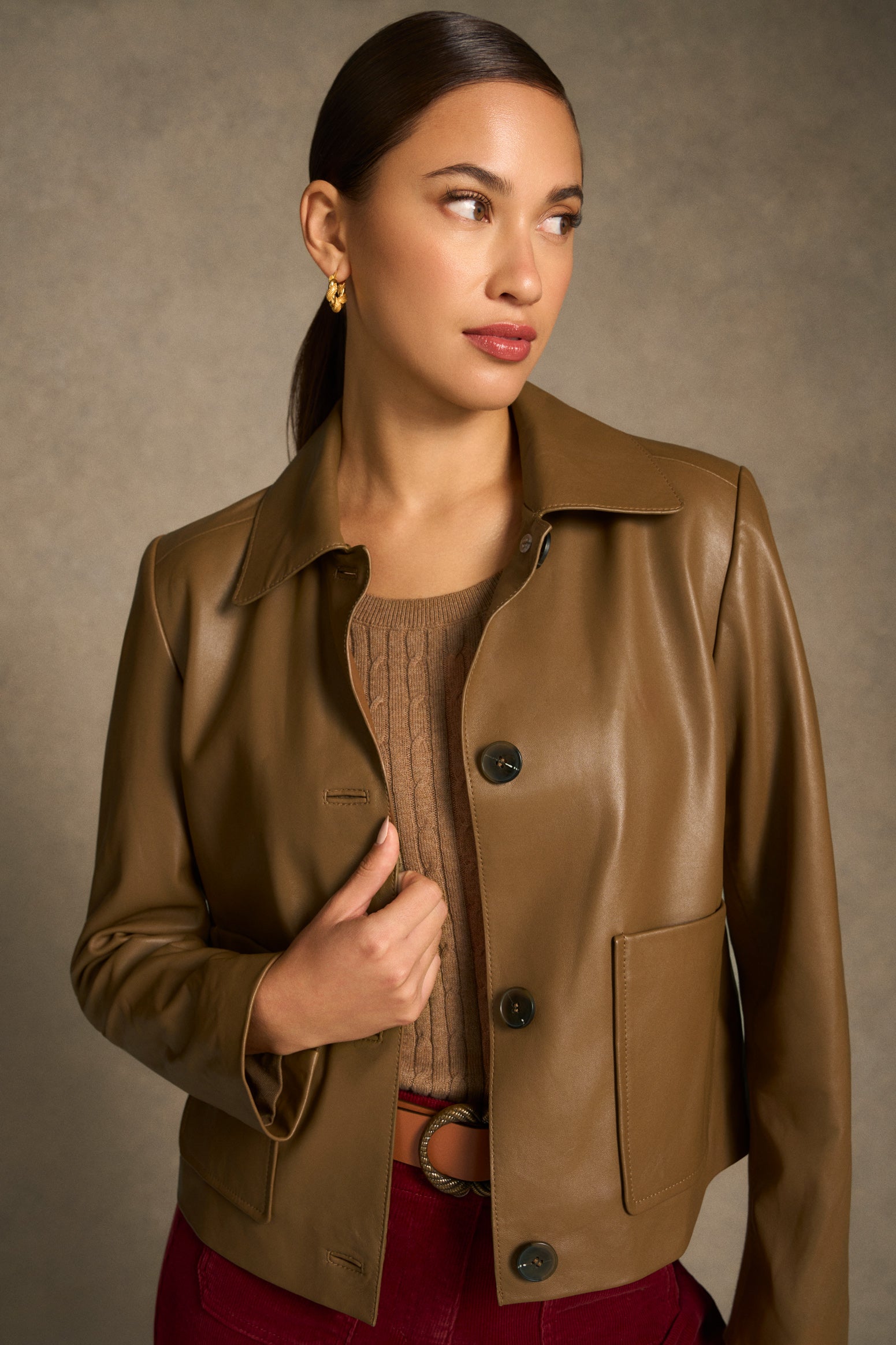 Buttoned Leather Jacket - Tan