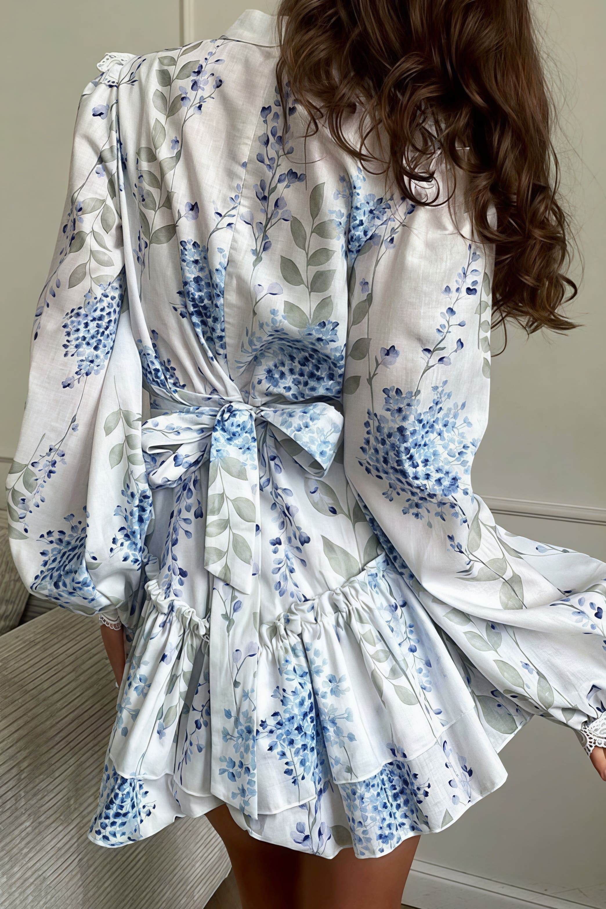 Floral Print Stand Collar Puff Sleeve Ruffle Maxi Dress
