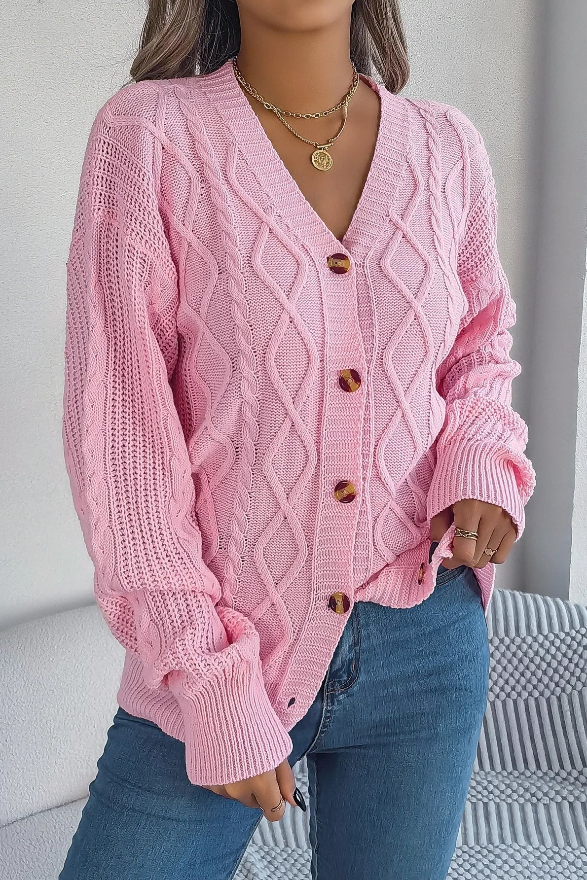 Knitted Long Sleeve Loose Single Breasted Cardigan
