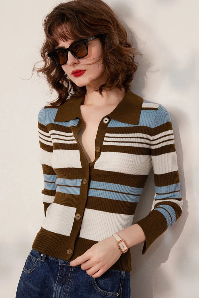 Striped Knit Turn-down Collar Cardigan