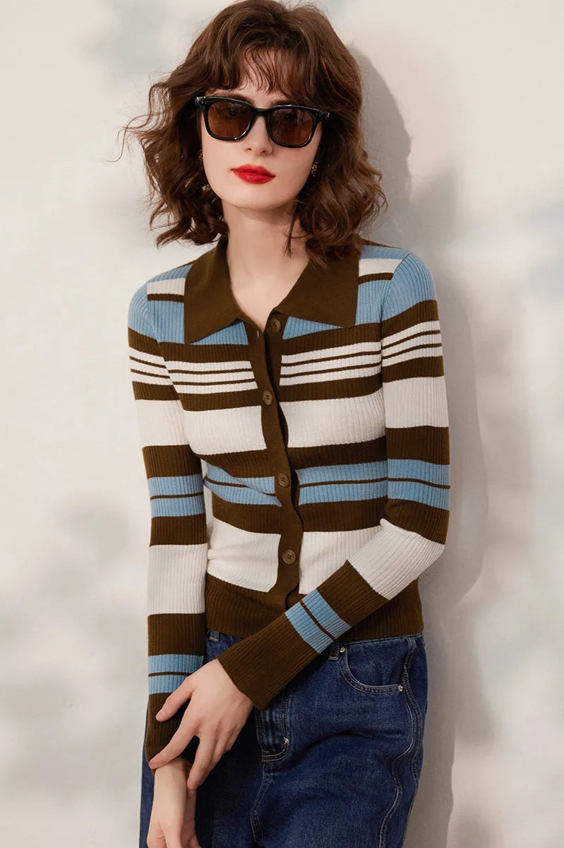 Striped Knit Turn-down Collar Cardigan
